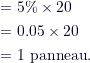 \begin{align*} &= 5\% \times 20 \\&= 0.05 \times 20 \\&= 1 \text{ panneau}.\end{align*}