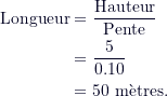 \begin{align*}\text{Longueur} &= \frac{\text{Hauteur}}{\text{Pente}} \\&= \frac{5}{0.10} \\&= 50 \text{ mètres.}\end{align*}